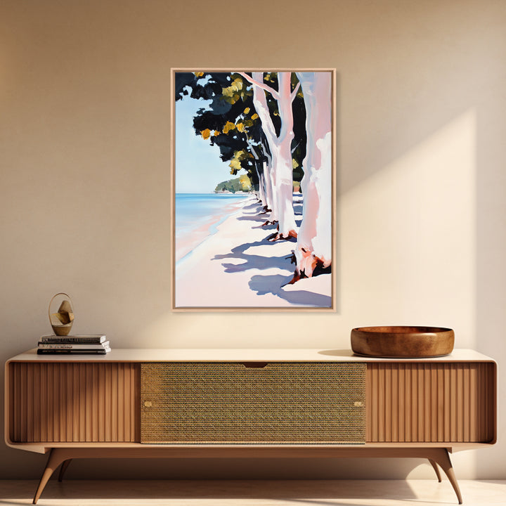 Coastal, Beach Path, Tree Lined, Framed Canvas Print, Ocean View Wall Art, Relaxing Home Decor, Seaside Landscape, Nautical Aesthetic