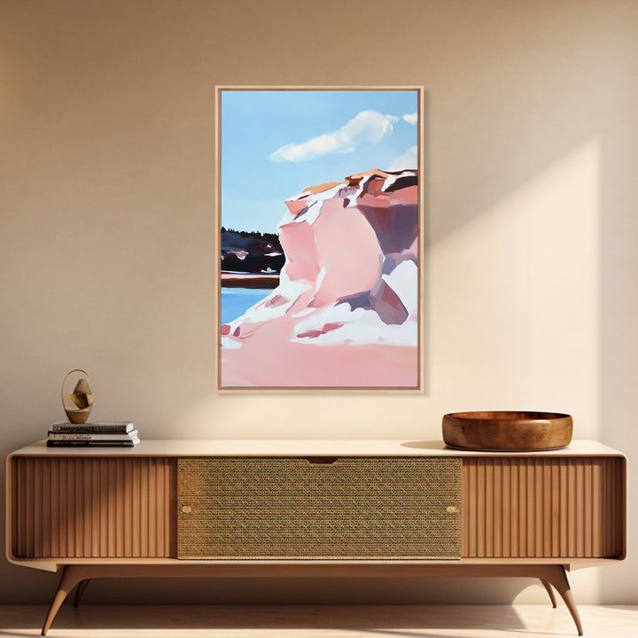 Pink Cliffs, Coastal Beauty, Ocean Landscape, Soft Pastel Art, Nature Inspired, Tranquil Scenery, Boho Wall Art, Framed Canvas Print