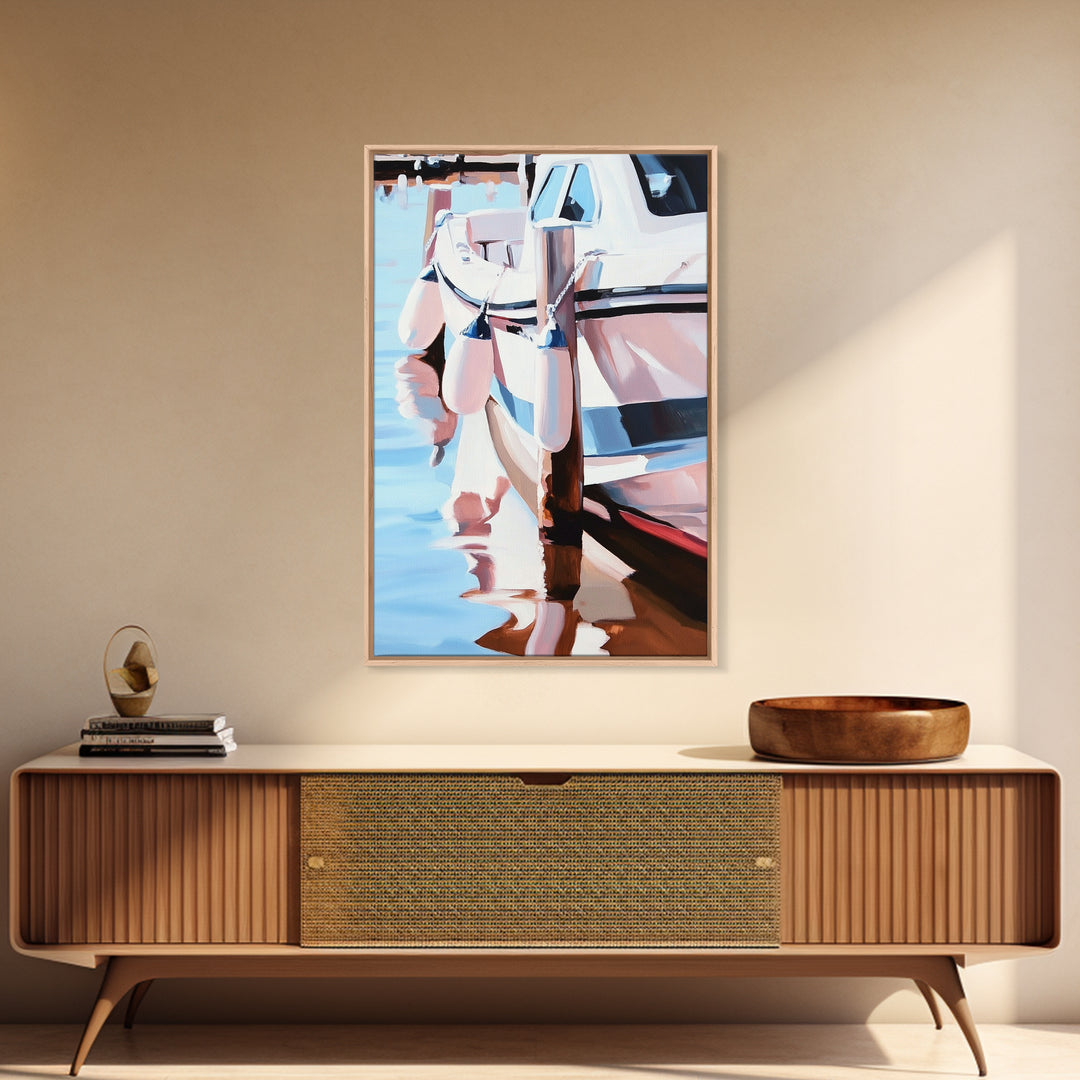 Docked Boat, Nautical Charm, Seaside Painting, Coastal Decor, Summer Vibes, Blue and White Art, Beach House Wall Art, Canvas Print