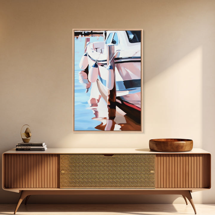 Docked Boat, Nautical Charm, Seaside Painting, Coastal Decor, Summer Vibes, Blue and White Art, Beach House Wall Art, Canvas Print