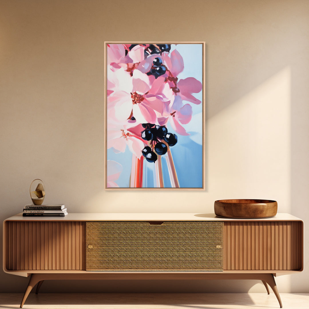 Blooming Flowers, Pink and Blue, Botanical Painting, Soft Aesthetic, Feminine Decor, Floral Home Art, Romantic Wall Art, Canvas Print