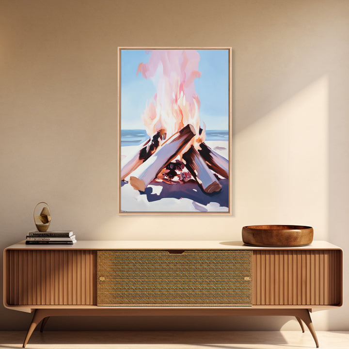 Beach Bonfire, Cozy Fire, Coastal Scene, Canvas Print, Warm Tones, Nautical Decor, Living Room Wall Art, Relaxing Nature Aesthetic