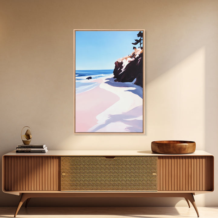 Beach View, Ocean Shore Art, Coastal Landscape Painting, Framed Canvas Print, Living Room Wall Art, Minimalist Seaside Decor
