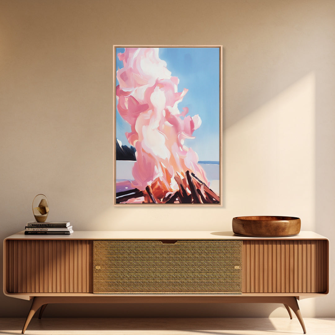 Billowing Smoke, Blazing Flames, Sunset Glow, Framed Canvas Print, Abstract Nature Art, Rustic Living Room Decor, Cozy Cabin Wall Art