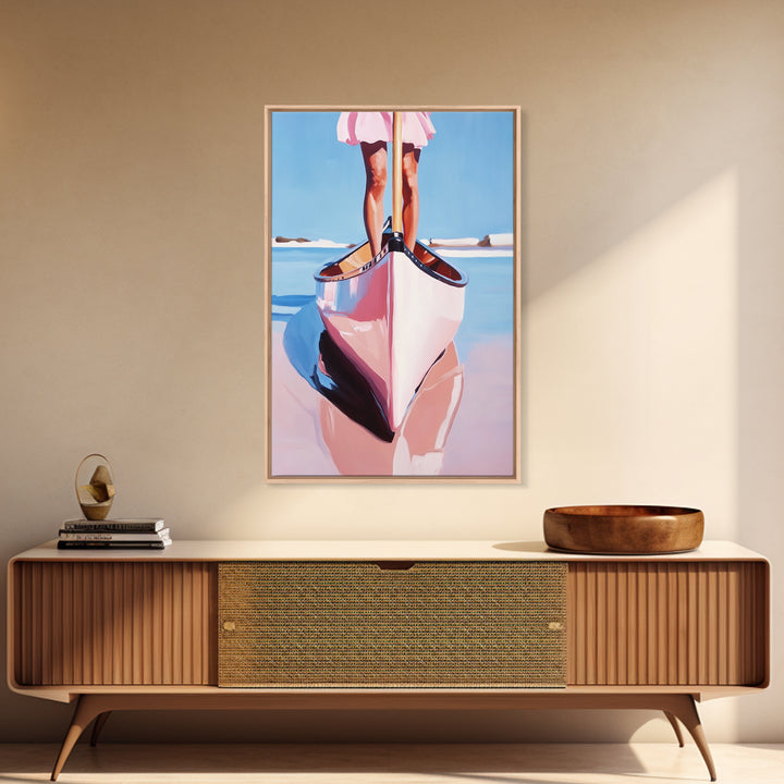Pink Canoe, Girl, Reflection, Framed Canvas Print, Coastal Wall Art, Nautical Decor, Summer Aesthetic, Beach House Art, Boho Art