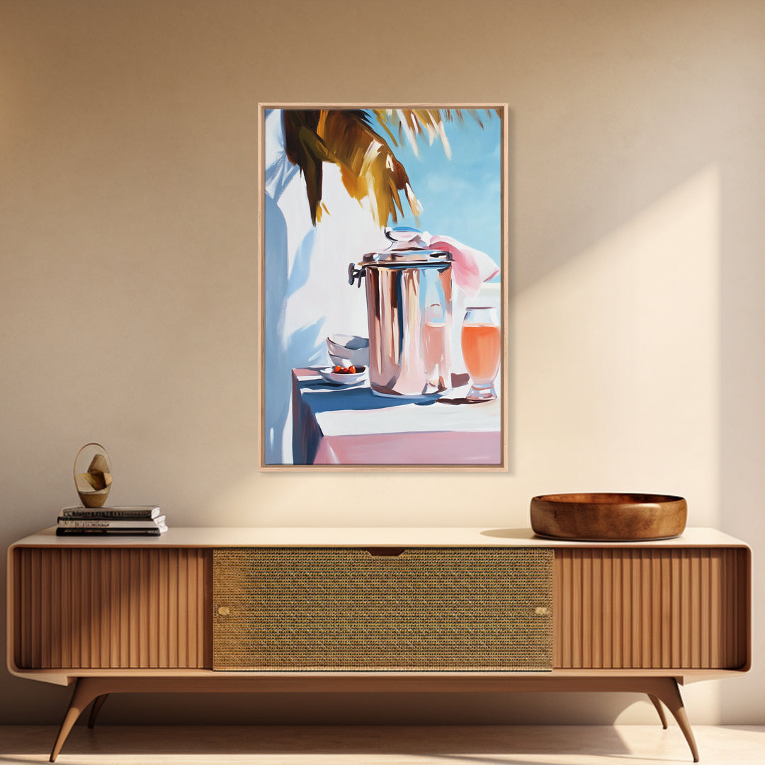 Beach Picnic, Palm Tree, Drinks, Framed Canvas Print, Summer Wall Art, Tropical Aesthetic, Kitchen Art, Coastal Home Decor, Boho Art