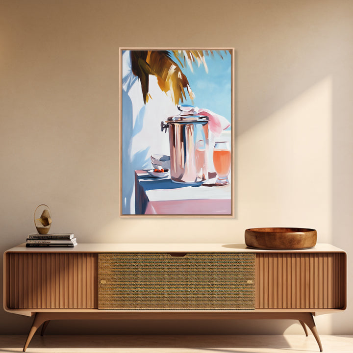 Beach Picnic, Palm Tree, Drinks, Framed Canvas Print, Summer Wall Art, Tropical Aesthetic, Kitchen Art, Coastal Home Decor, Boho Art