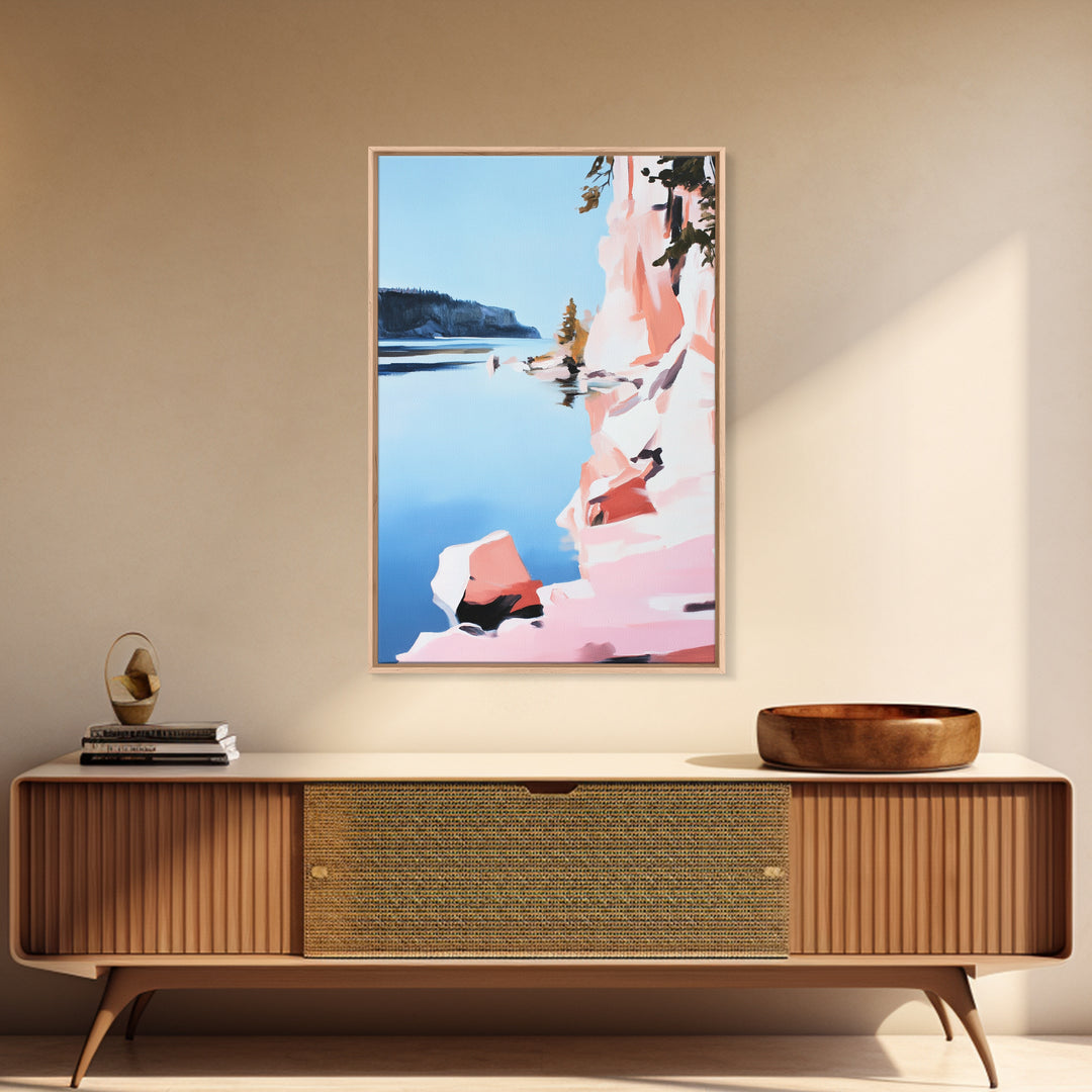 Cliffs, Water, Trees, Reflection, Framed Canvas Print, Nature Wall Art, Mountain Aesthetic, Lakehouse Decor, Minimalist Landscape