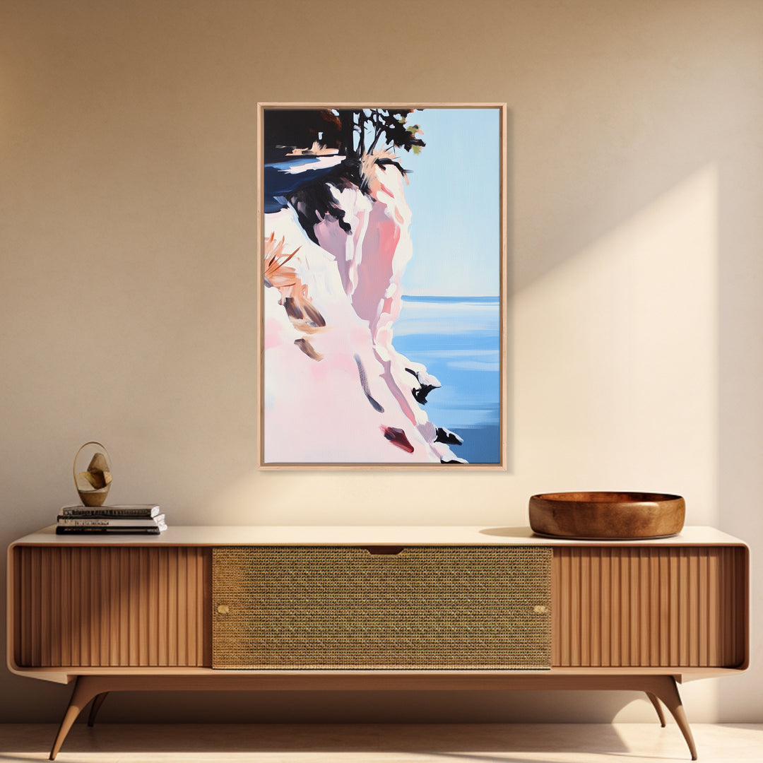 Cliffs and Water, Nature Wall Art, Minimalist Landscape, Coastal Home Decor, Blue and Pink Art, Framed Canvas Print, Office Wall Decor