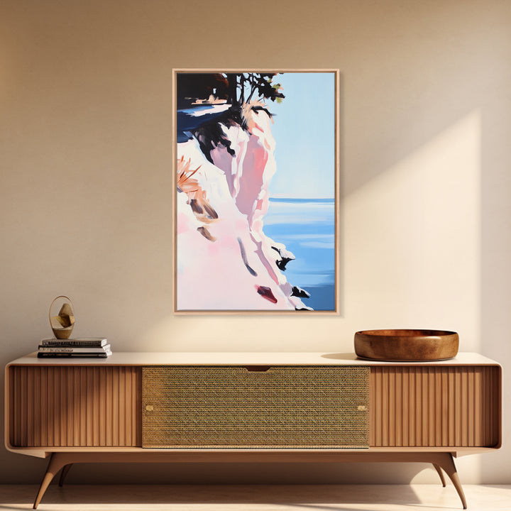 Cliffs and Water, Nature Wall Art, Minimalist Landscape, Coastal Home Decor, Blue and Pink Art, Framed Canvas Print, Office Wall Decor