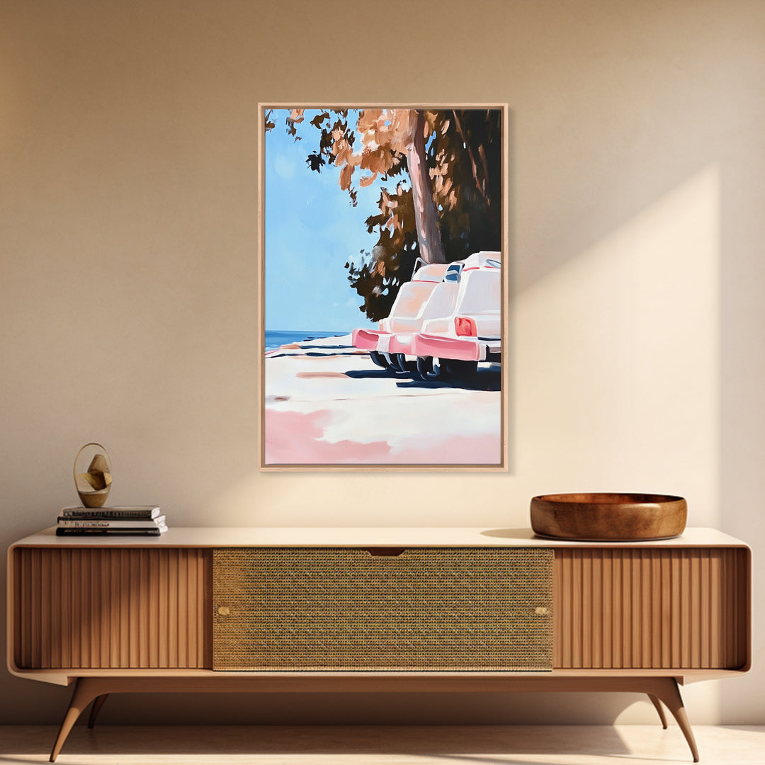 Cliffs and Water, Nature Wall Art, Minimalist Landscape, Coastal Home Decor, Blue and Pink Art, Framed Canvas Print, Office Wall Decor