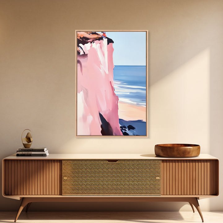 Cliffside Ocean Art, Coastal Landscape Painting, Serene Seaside Decor, Beach House Print, Framed Canvas Print, Living Room Wall Art