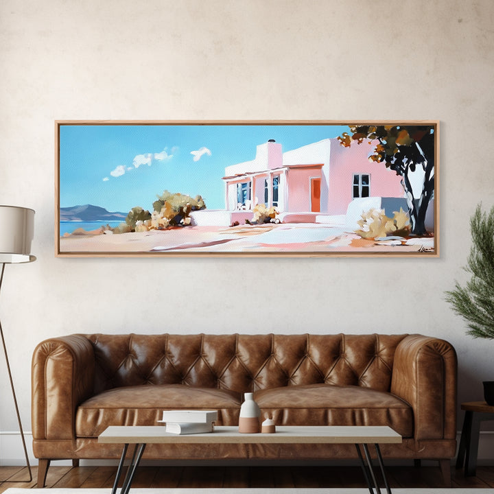 Coastal House, Summer Art, Beach Landscape, Framed Canvas Print, Mediterranean Wall Art, Minimalist Painting, Living Room Decoran Waves