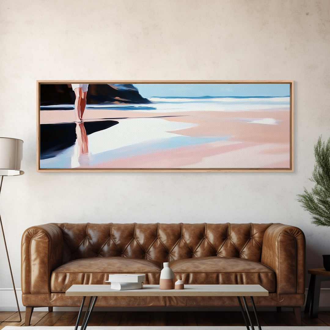 Coastal Stroll, Soft Pastel Beach, Minimalist Ocean Art, Canvas Print, Tranquil Shoreline, Boho Beach House Decor, Bedroom Wall Art