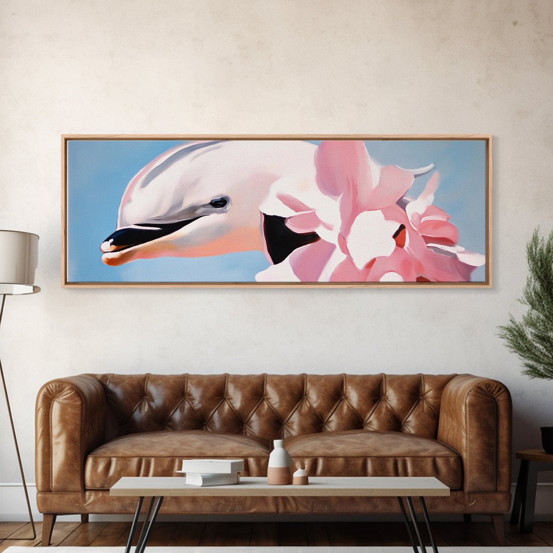 Dolphin, Pink Flowers, Canvas Print, Ocean Art, Whimsical Artwork, Coastal Wall Art, Sea Life Decor, Modern Aesthetic, Nature Lover Gift
