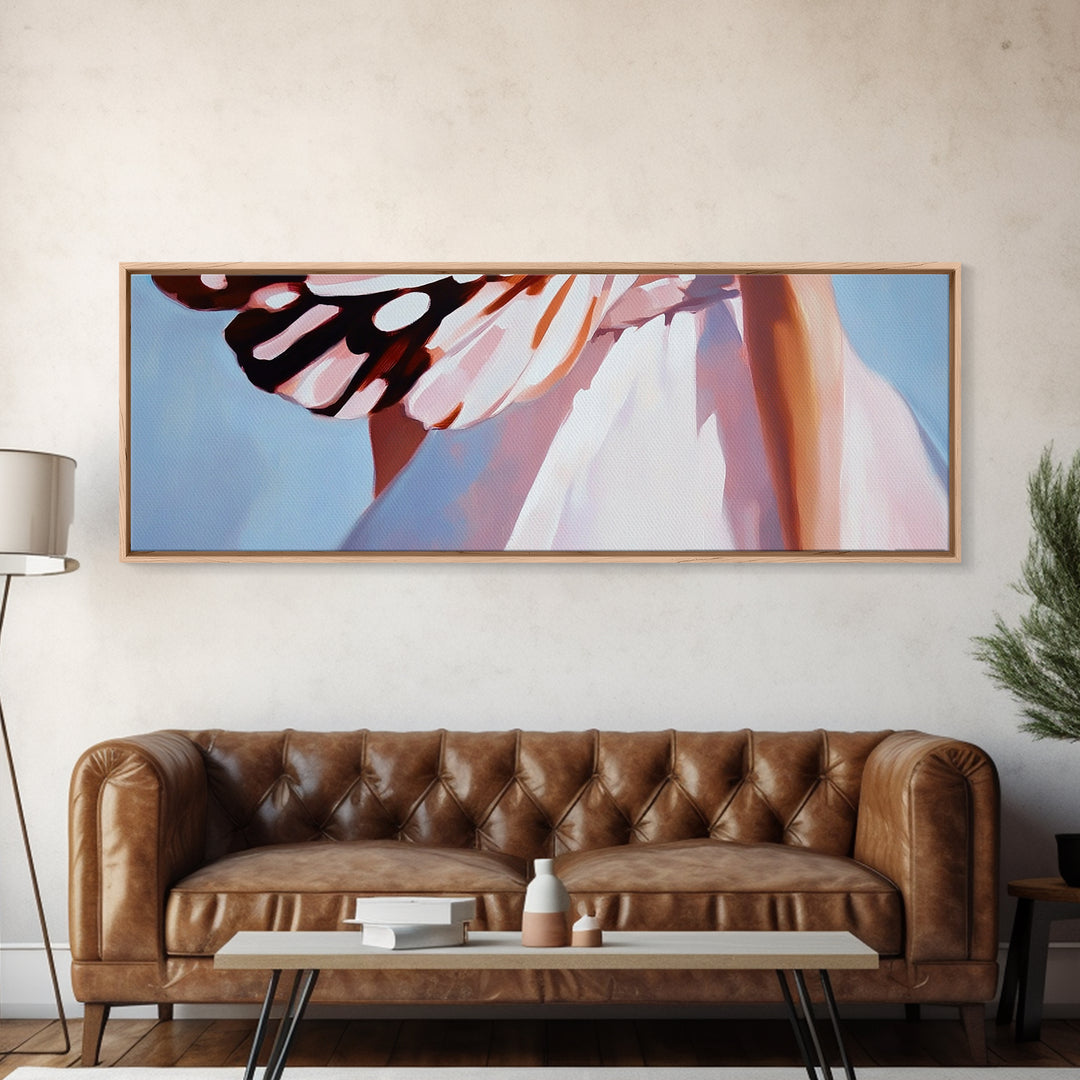 Butterfly Wing, White Dress, Canvas Print, Nature Art, Bohemian Wall Decor, Feminine Aesthetic, Delicate Artwork, Whimsical Painting