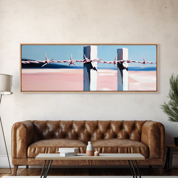 Beach Fence, Coastal Barrier, Ocean Landscape, Framed Canvas Print, Minimalist Seaside Art, Nautical Wall Decor, Summer Home Artwork