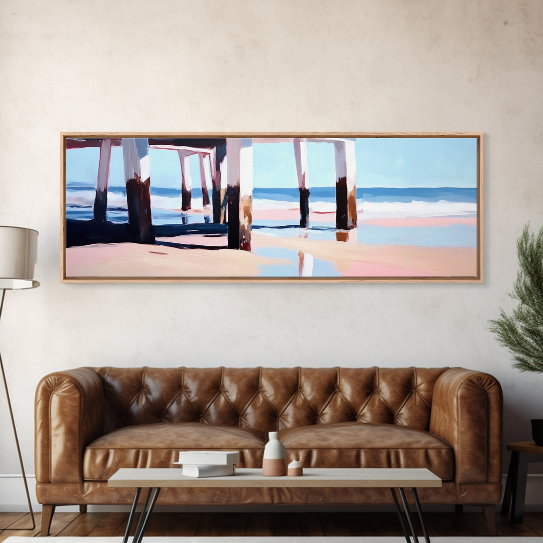 Beach Pier, Ocean Waves, Coastal View, Framed Canvas Print, Nautical Wall Art, Seaside Decor, Minimalist Beach House Art, Blue