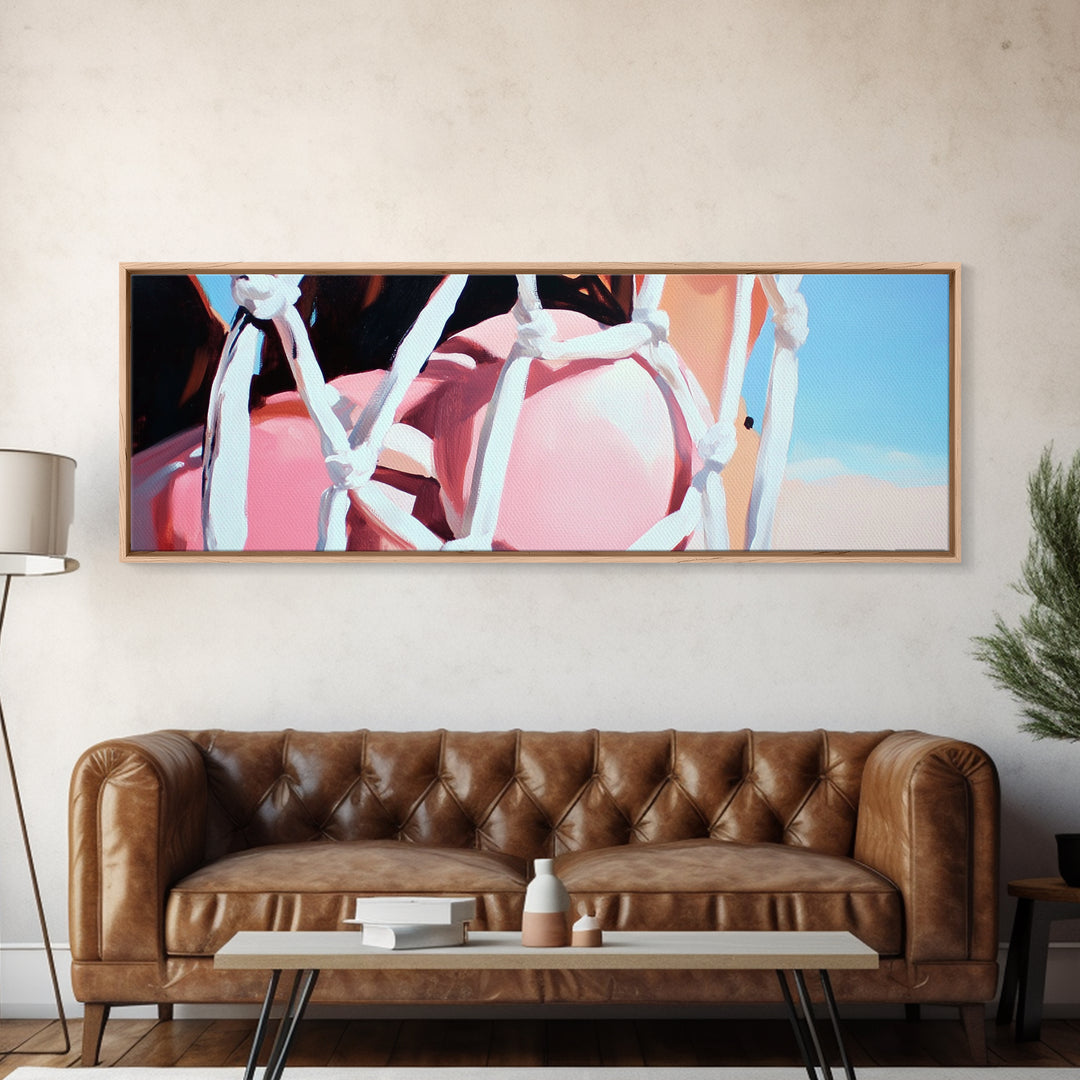 Rope Swing, Woman in Pink, Sunlit Sky, Framed Canvas Print, Summer Wall Art, Minimalist Decor, Feminine Aesthetic, Boho Art