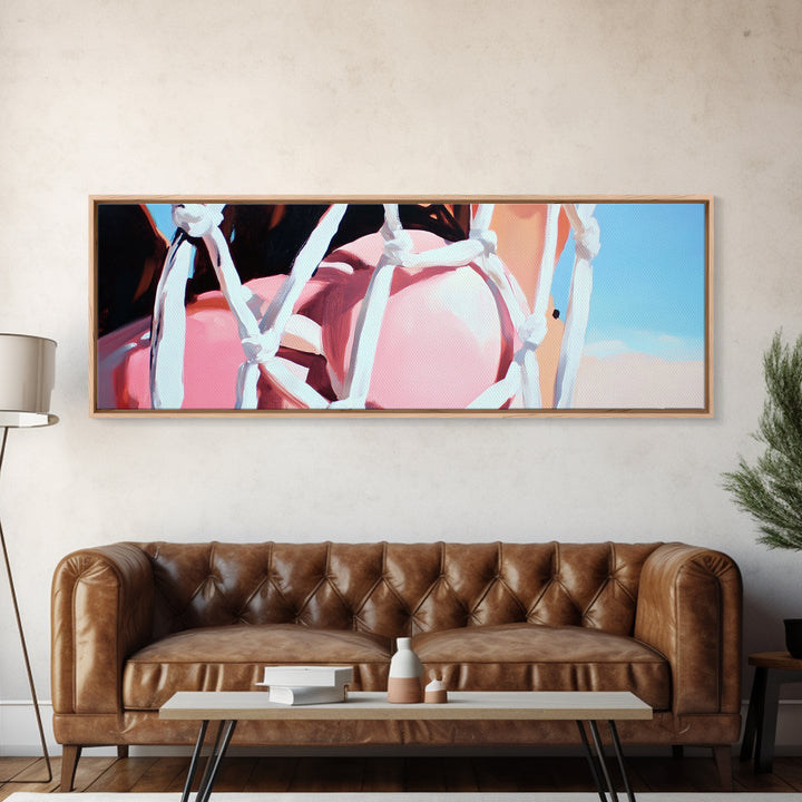 Rope Swing, Woman in Pink, Sunlit Sky, Framed Canvas Print, Summer Wall Art, Minimalist Decor, Feminine Aesthetic, Boho Art