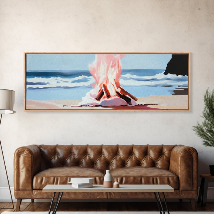 Beach Bonfire, Ocean Fire, Coastal Campfire, Framed Canvas Print, Seaside Night Art, Relaxing Summer Scene, Nautical Wall Decor