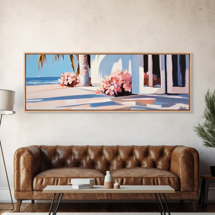 Beachfront Patio, Coastal Home, Ocean View Art, Framed Canvas Print, Seaside Decor, Summer House Aesthetic, Serene Wall Artwork