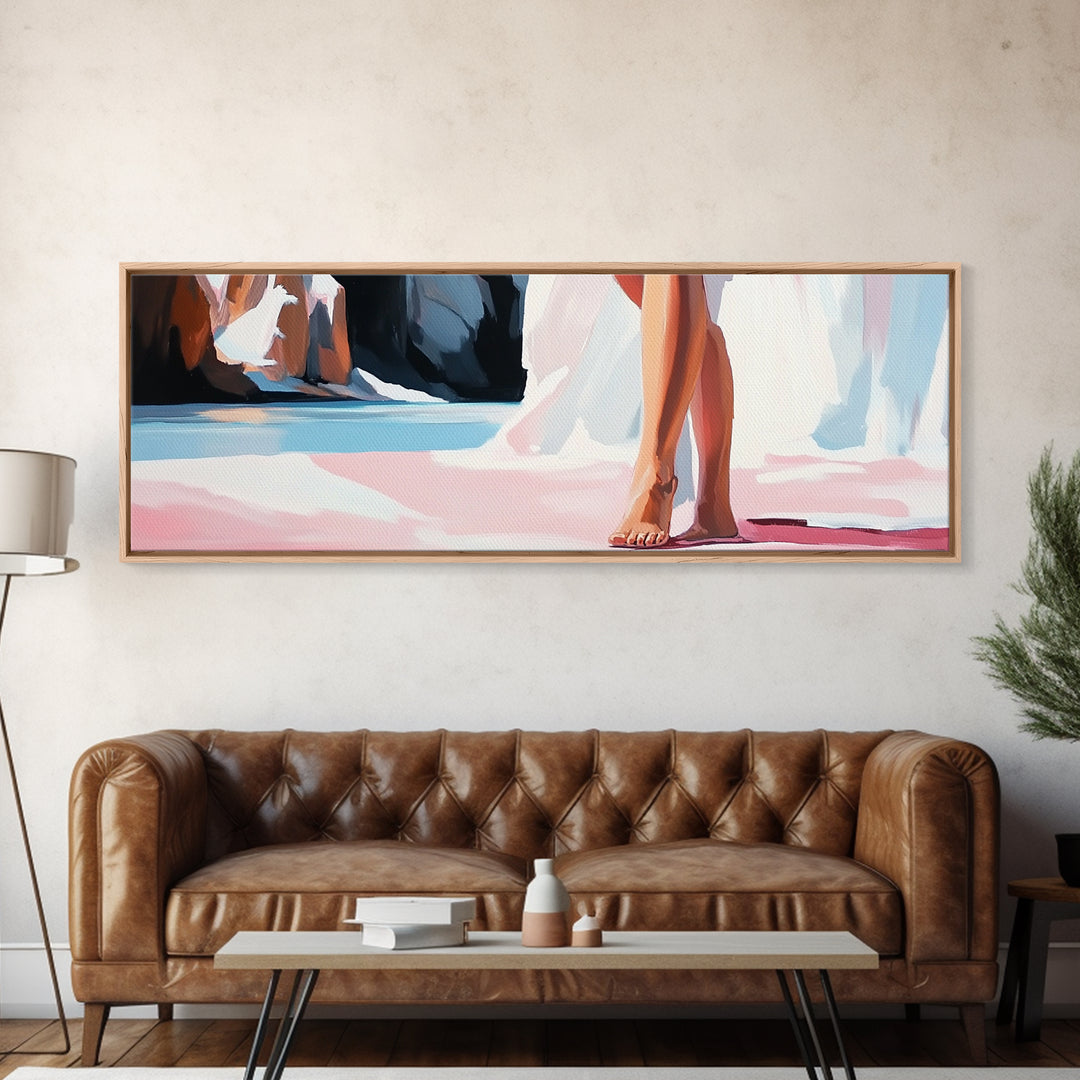 Barefoot Woman, Flowing Pink Dress, Water Reflection, Canvas Print, Feminine Wall Art, Elegant Bedroom Decor, Soft Pastel Aesthetic
