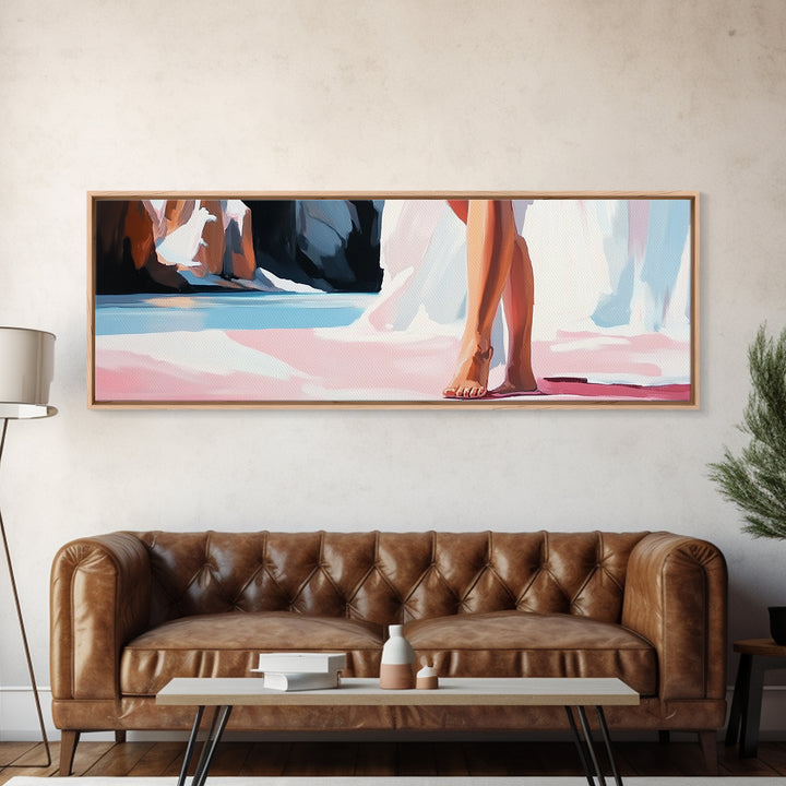 Barefoot Woman, Flowing Pink Dress, Water Reflection, Canvas Print, Feminine Wall Art, Elegant Bedroom Decor, Soft Pastel Aesthetic