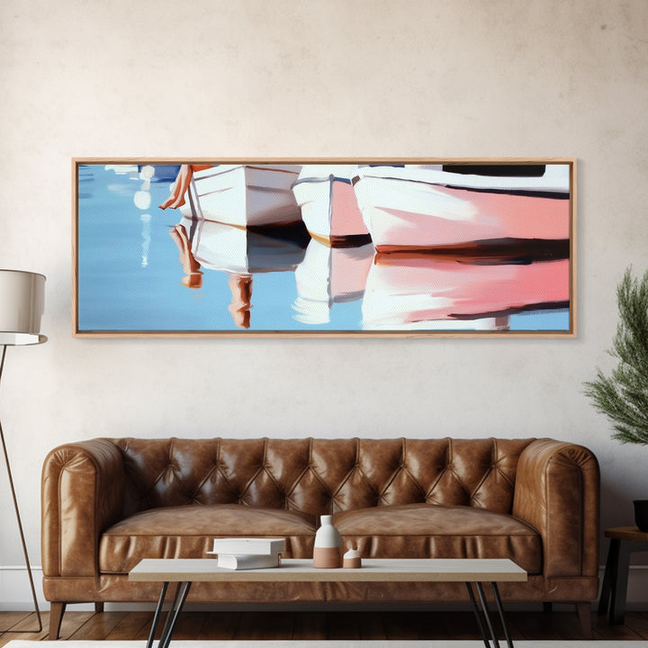 Boats, Reflection, Soft Pastel Aesthetic, Canvas Print, Nautical Wall Art, Minimalist Home Decor, Living Room Accent, Calm Coastal Scene