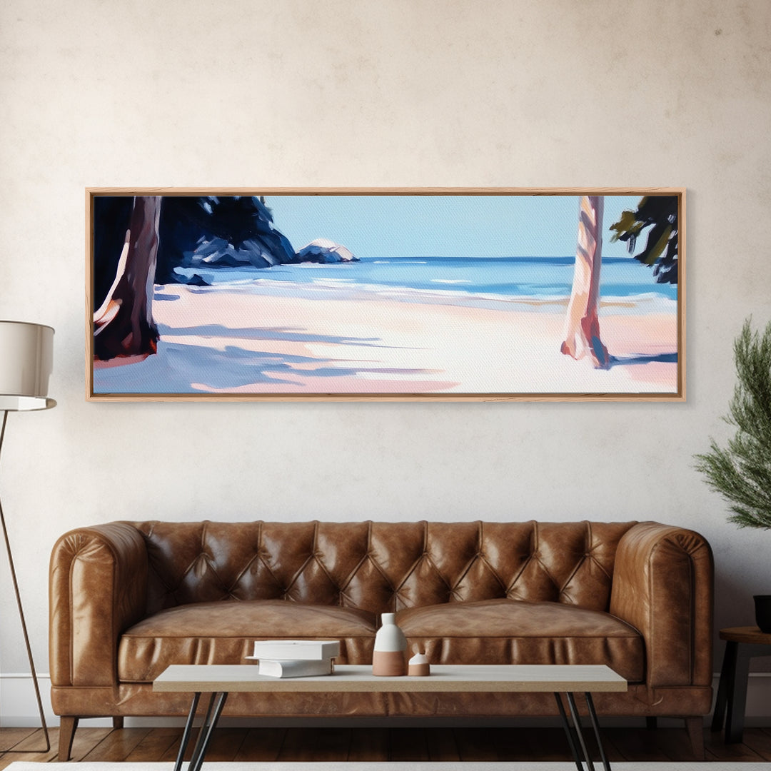 Beach Scene, Palm Trees, Blue Ocean, Canvas Print, Coastal Wall Art, Minimalist Landscape, Living Room Decor, Relaxing Home Aesthetic