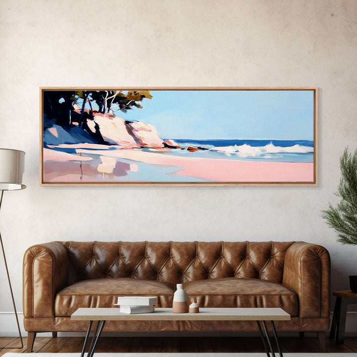 Cliffs, Waves, Pink Sand, Framed Canvas Print, Seascape Wall Art, Coastal Home Decor, Ocean Scene, Pastel Aesthetic, Relaxing Landscape