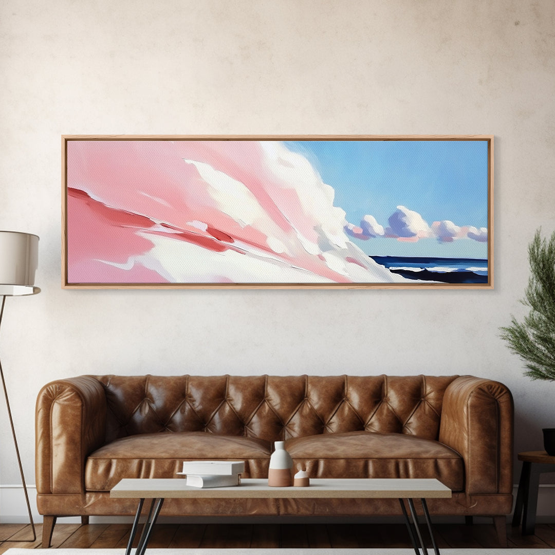 Rolling Waves, Soft Pastel, Modern Coastal Art, Minimalist Ocean Print, Blue and Pink Decor, Relaxing Beach Scene, Canvas Print