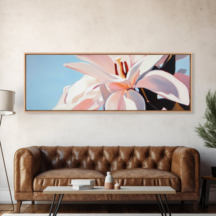 Blooming Lily, Floral, Nature, Framed Canvas Print, Botanical Wall Art, Pastel Home Decor, Feminine Aesthetic, Living Room Wall Art