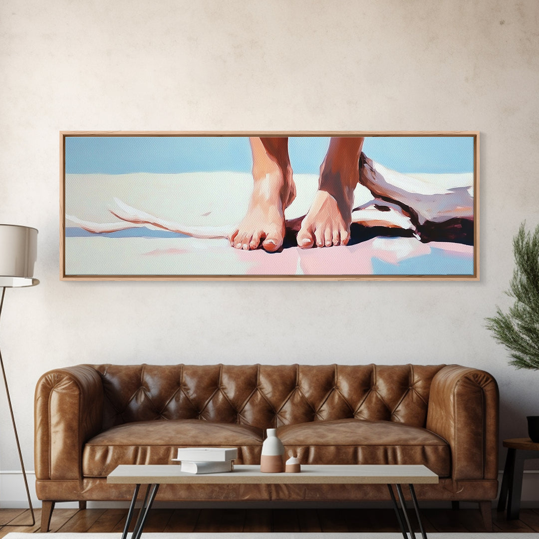 Barefoot Beach, coastal boho wall art, summer relaxation print, modern ocean decor, minimalist nature artwork, framed canvas print