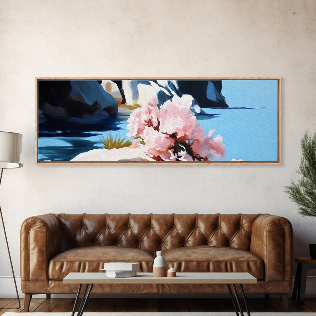 Blossoming Coast, Floral Wall Art, Living Room Decor, Canvas Print, Nature-Inspired Artwork, Coastal Aesthetic, Spring Botanical Art