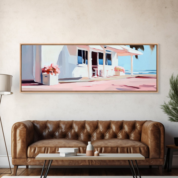 Coastal Café, Beachfront House, Ocean Breeze, Minimalist Canvas Print, Living Room Wall Art, Nautical Home Decor, Modern Coastal Art