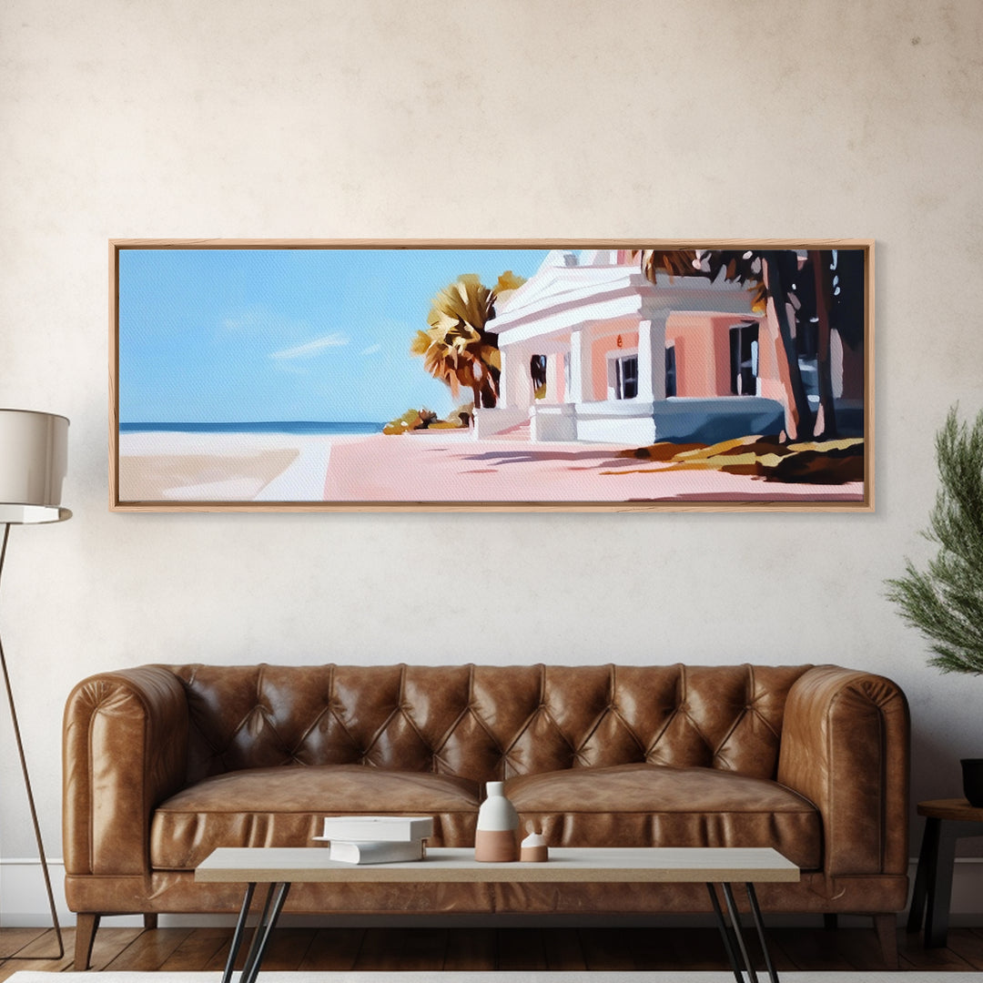 Beach House, Coastal Art, Modern Seascape, Framed Canvas Print, Living Room Wall Art, Pastel Ocean, Minimalist Decor, Nautical Home