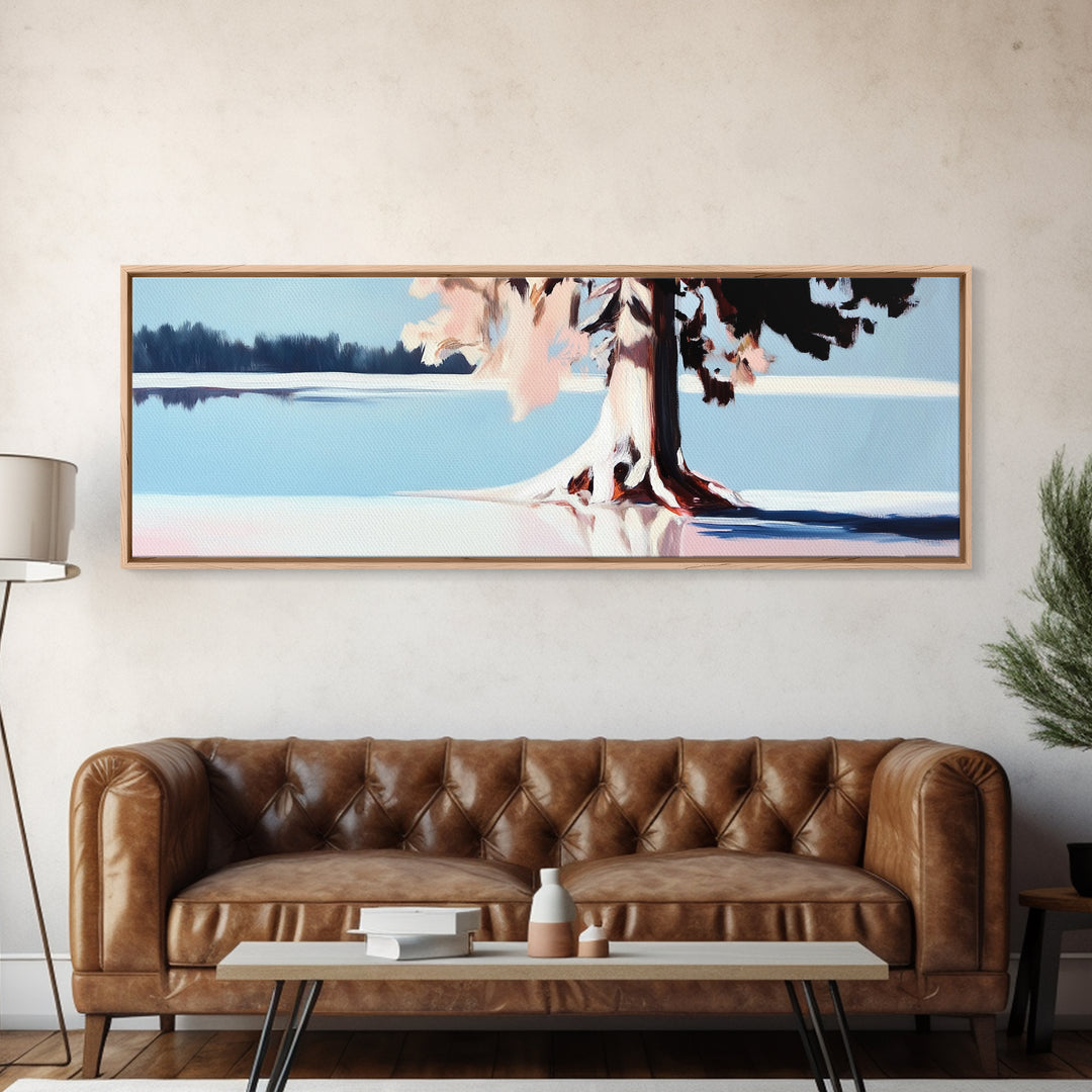 Serene Lake, Tree Reflection, Minimalist Landscape, Canvas Print, Nature Inspired Wall Art, Tranquil Home Decor, Soft Pastel Tones