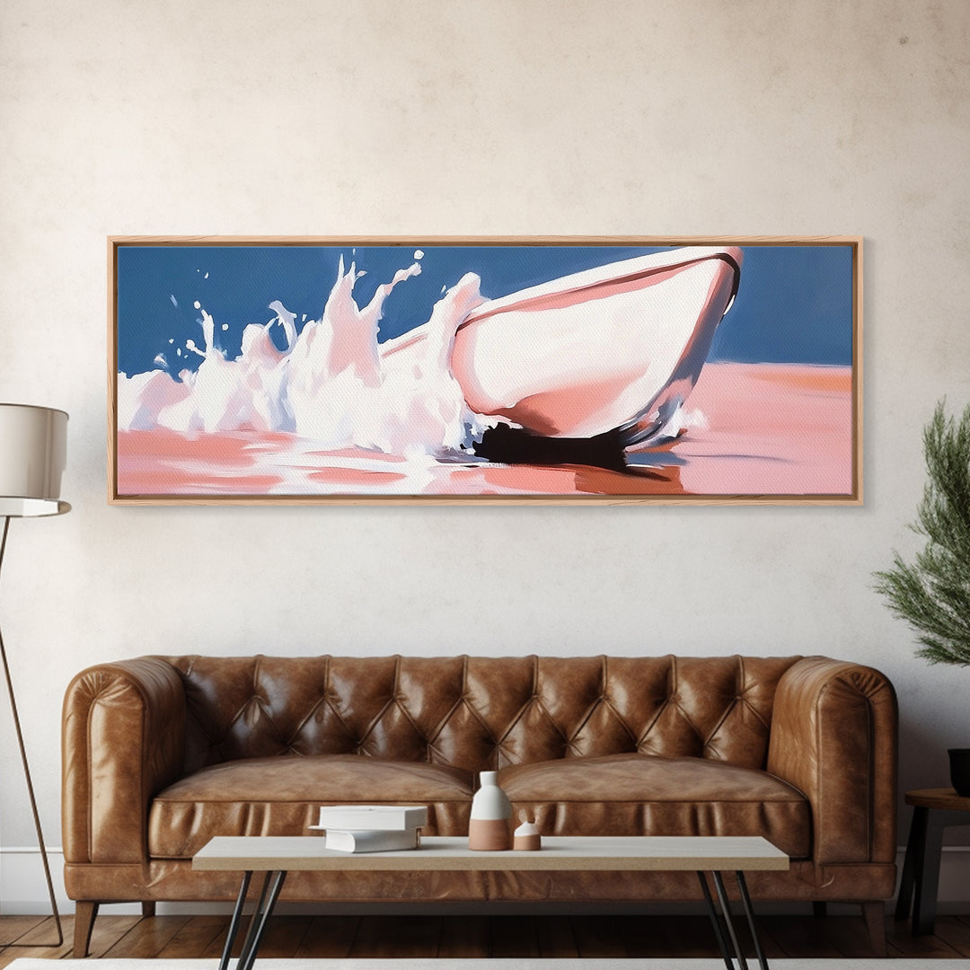 Boat Splash, Ocean Motion, Nautical Art, Framed Canvas Print, Coastal Wall Decor, Relaxing Beach Scene, Minimalist Seascape