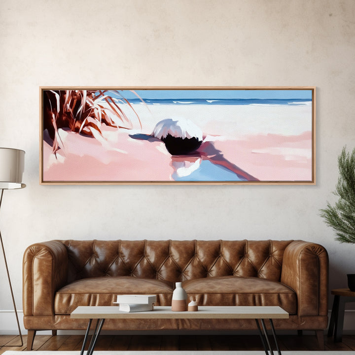 Romantic Beach Scene, Coastal Wall Art, Sunset Ocean Painting, Pastel Beach Framed Canvas Print, Living Room or Office Art