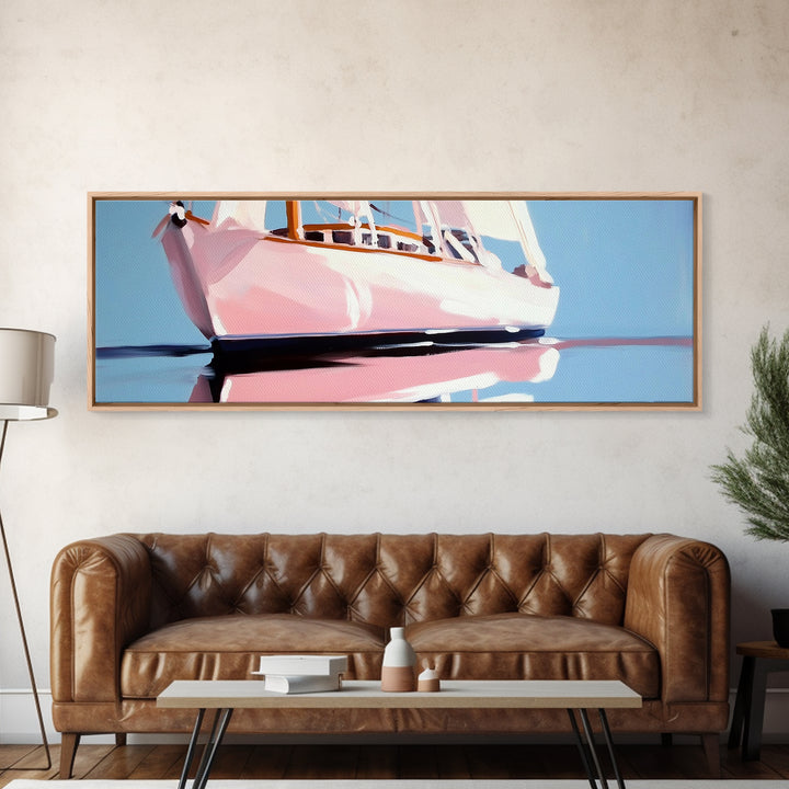 Nautical Boat Art, Ocean Sailing Painting, Coastal Framed Canvas Print, Minimalist Wall Decor, Blue Seascape Artwork, Beach House Style