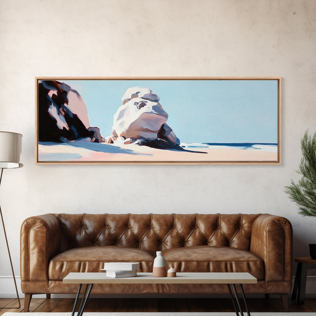 Ocean Rock Formation, Coastal Landscape, Serene Beach Scene, Minimalist Nature Art, Living Room Decor, Tranquil Canvas Print