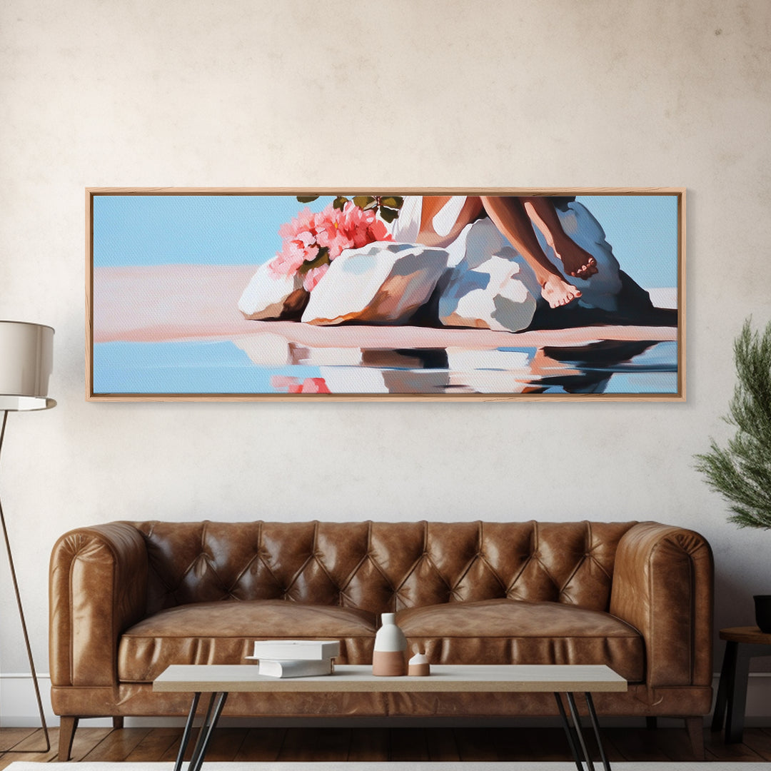 Beach Blossom Scene, Floral Coastal Art, Pastel Summer Vibes, Nature Wall Decor, Soft Aesthetic, Canvas Print, Bedroom Wall Art