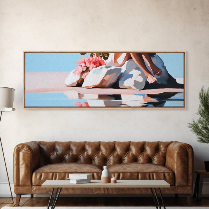 Beach Blossom Scene, Floral Coastal Art, Pastel Summer Vibes, Nature Wall Decor, Soft Aesthetic, Canvas Print, Bedroom Wall Art