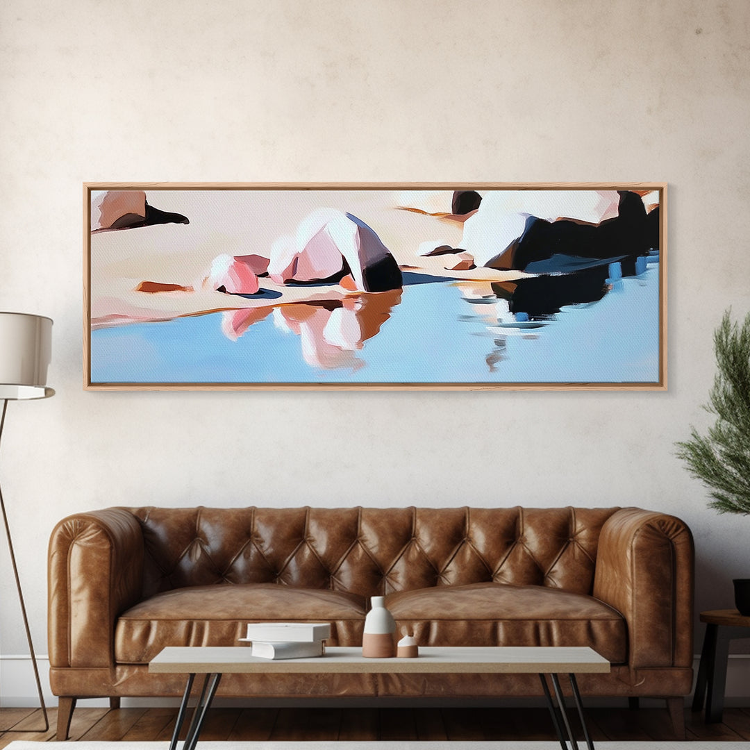 Coastal Rocks, Beach Reflection, Seascape Painting, Pastel Shoreline Art, Minimalist Nautical Decor, Living Room Art, Framed Canvas Print