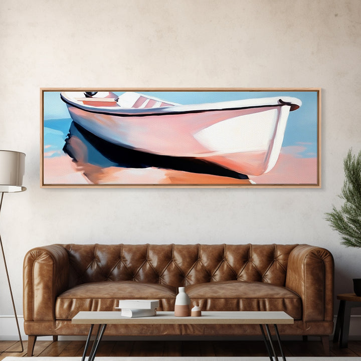 Rowboat on Shore, Nautical Scene, Pastel Coastal Art, Minimalist Ocean Print, Beach House Decor, Serene Wall Art, Canvas Print