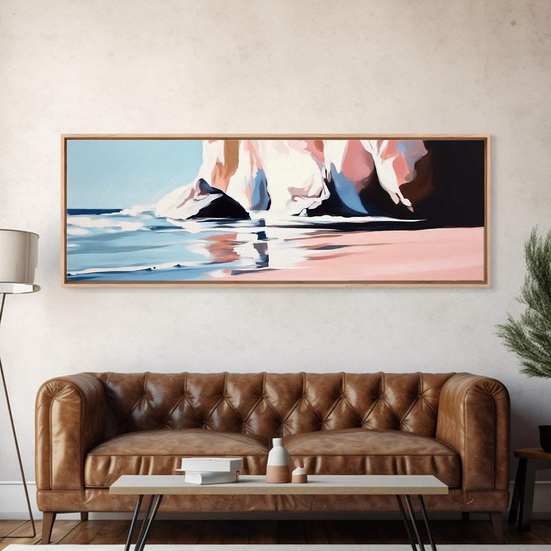 Cliffside Waves, Ocean Reflection, Seaside Landscape, Coastal Art, Beach House Wall Decor, Nautical Print, Framed Canvas Print