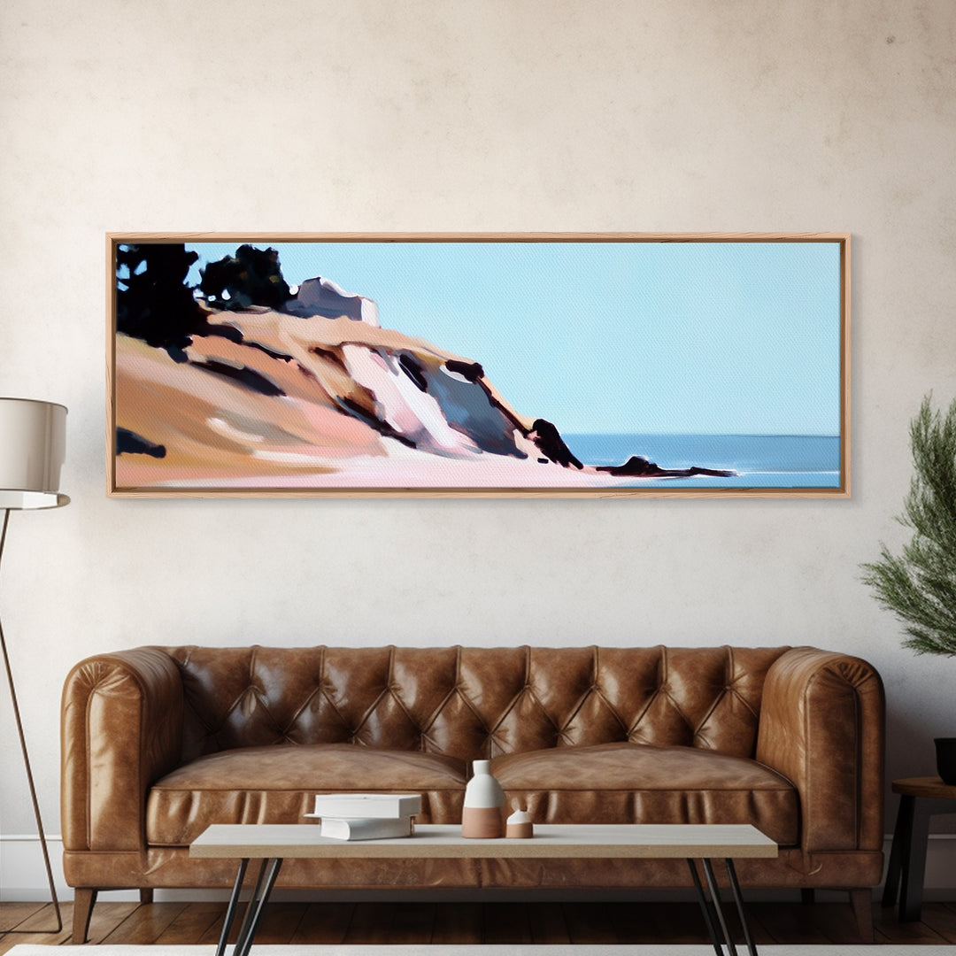 Coastal Cliff, Beach Landscape, Ocean View, Tranquil Seaside, Framed Canvas Print, Living Room Wall Art, Nautical Home Decor