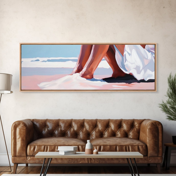 Romantic Beach, Ocean Waves, Coastal Painting, Minimalist Seascape, Pastel Sand Art, Nautical Wall Decor, Bedroom Art, Framed Canvas Print