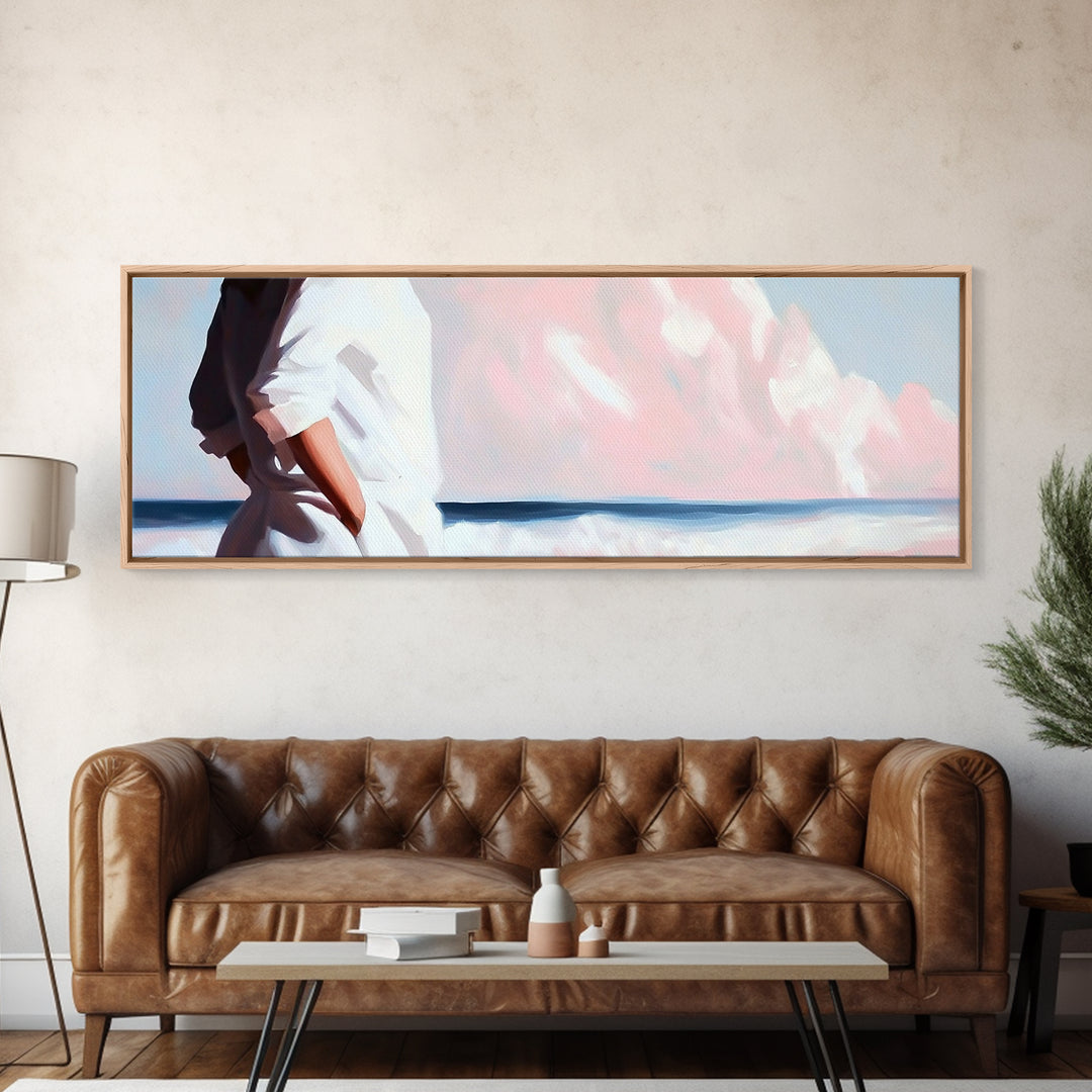 Beach Walk, Ocean Breeze, Pastel Sky, Dreamy Coastal Art, Soft Feminine Aesthetic, Framed Canvas Print, Bedroom Wall Art, Minimalist Decor